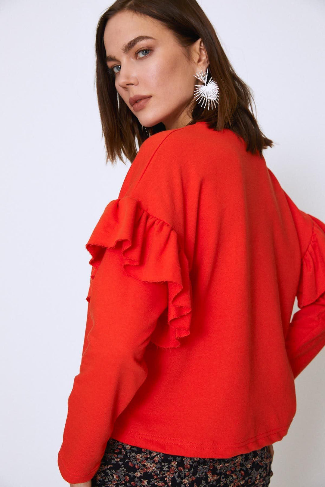 Crew Neck Sleeves Frilly Sweatshirt Orange