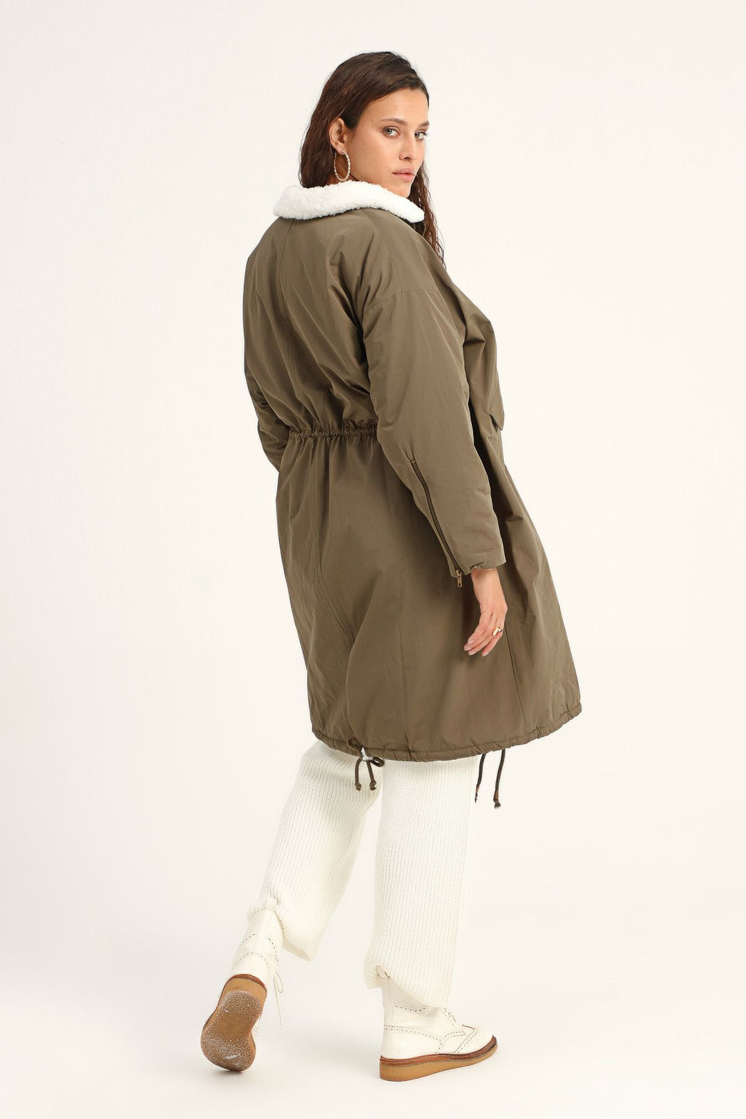 Sheepskin Oversize Long Coat Khaki