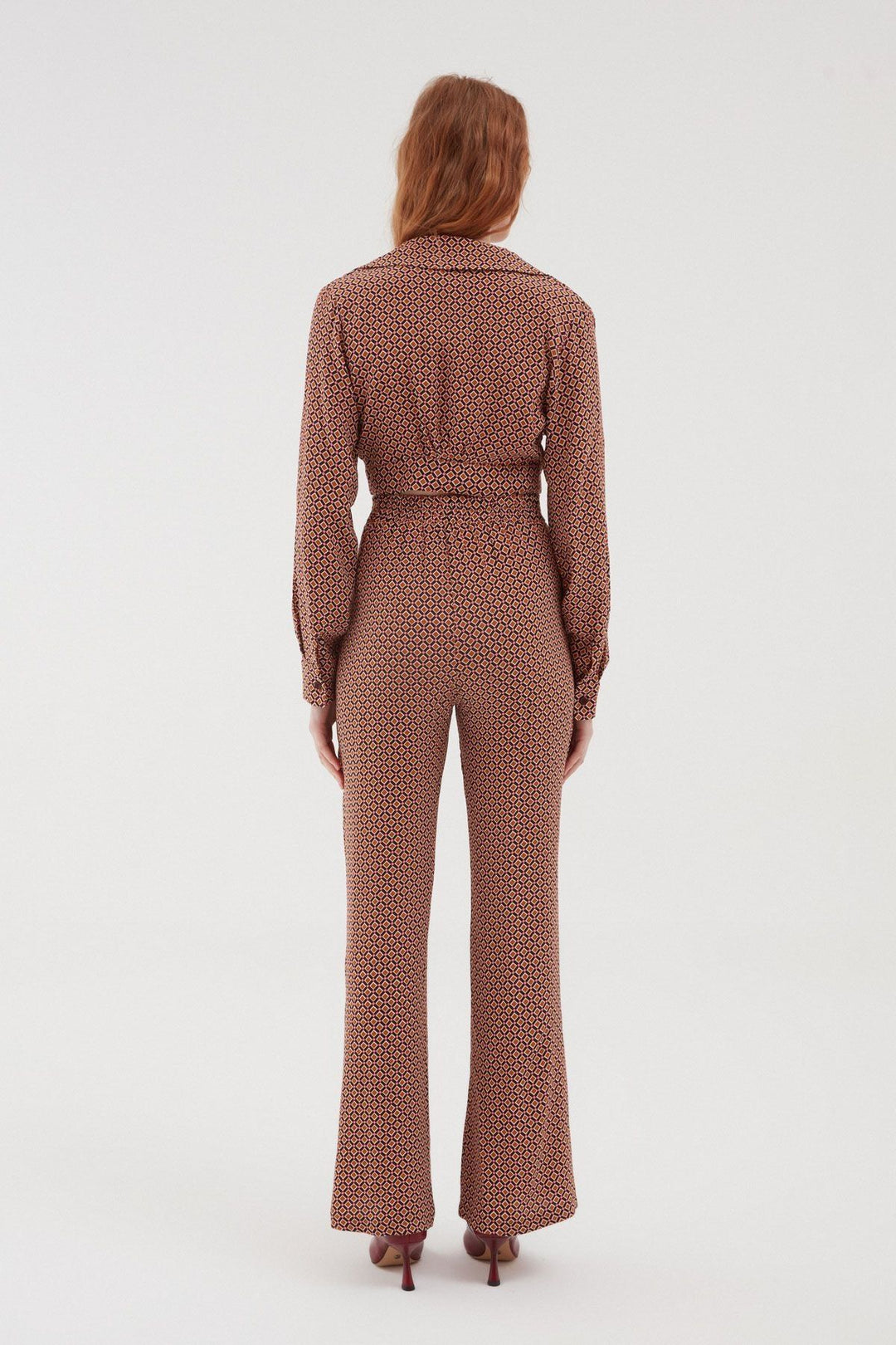 Desenli Beli Lastikli Bol Pantolon Kahverengi