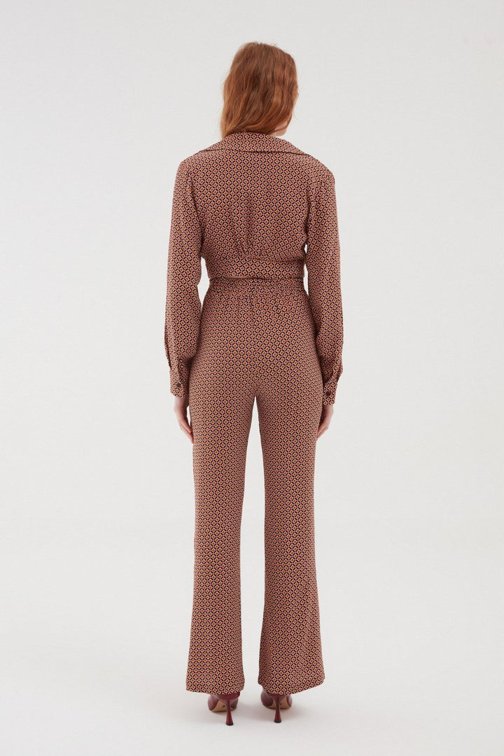 Desenli Beli Lastikli Bol Pantolon Kahverengi