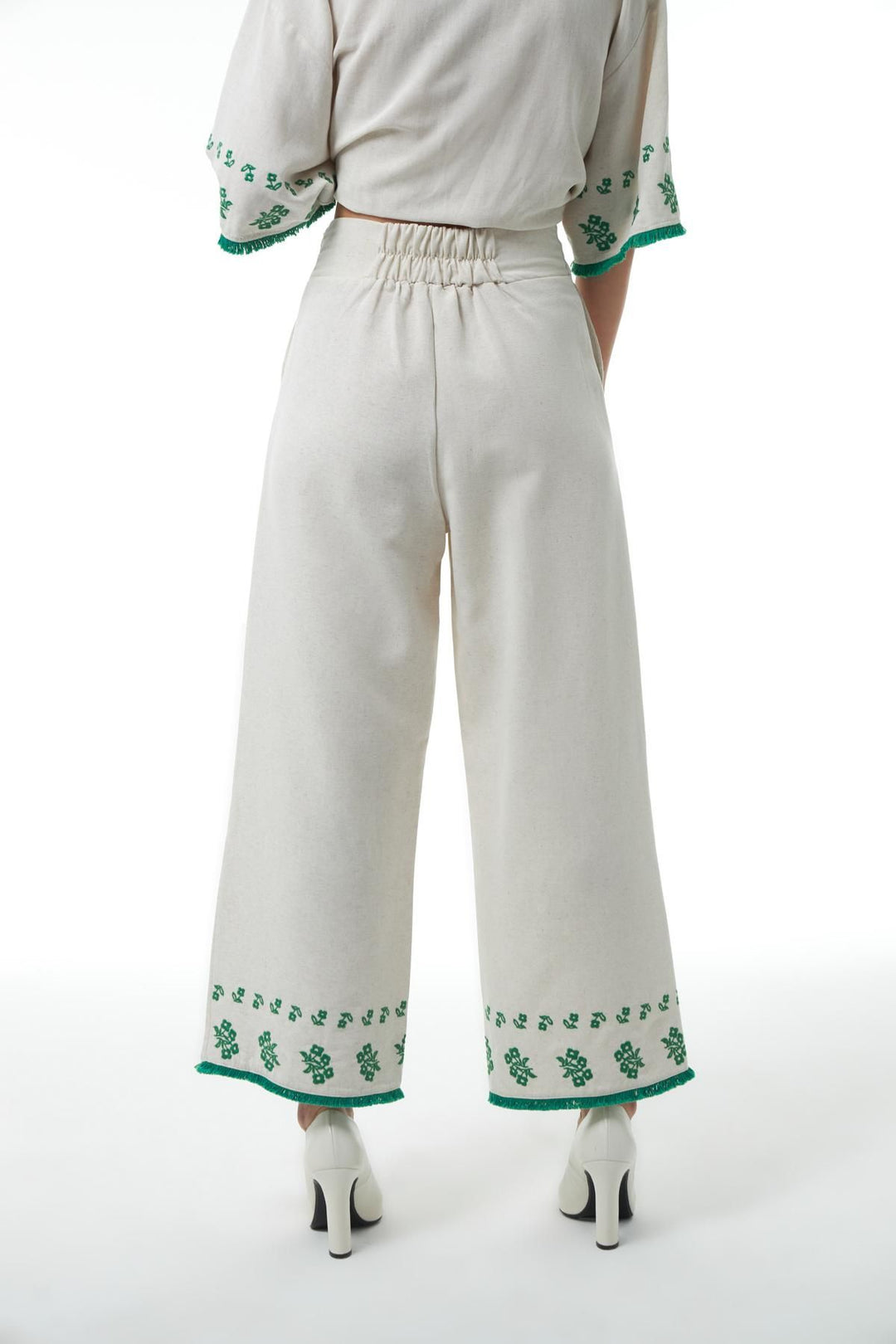 Nakış Detaylı Keten Pantolon Naturel