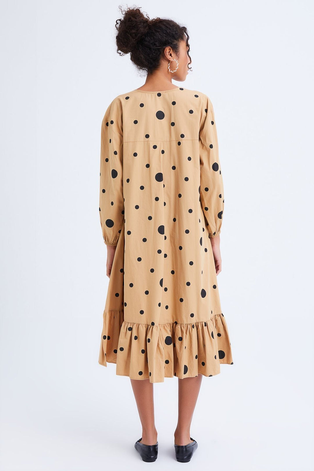 Asymmetrical Long Polka Dot Dress Camel