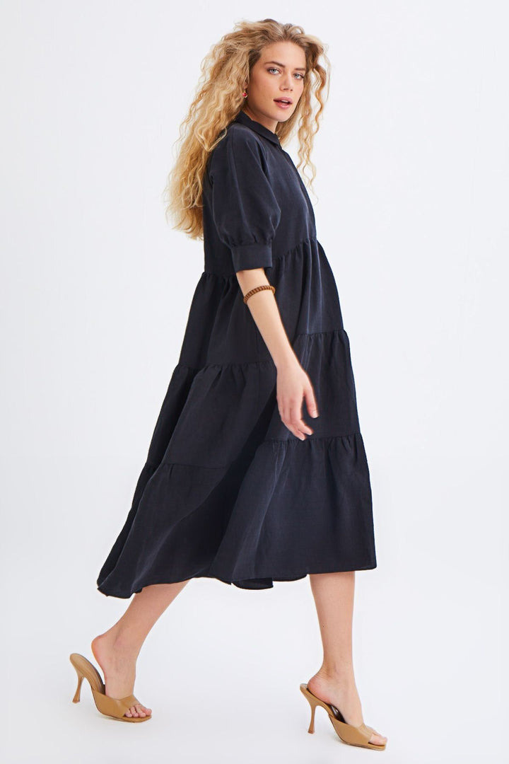 Gömlek Yaka Reglan Kol Elbise Siyah