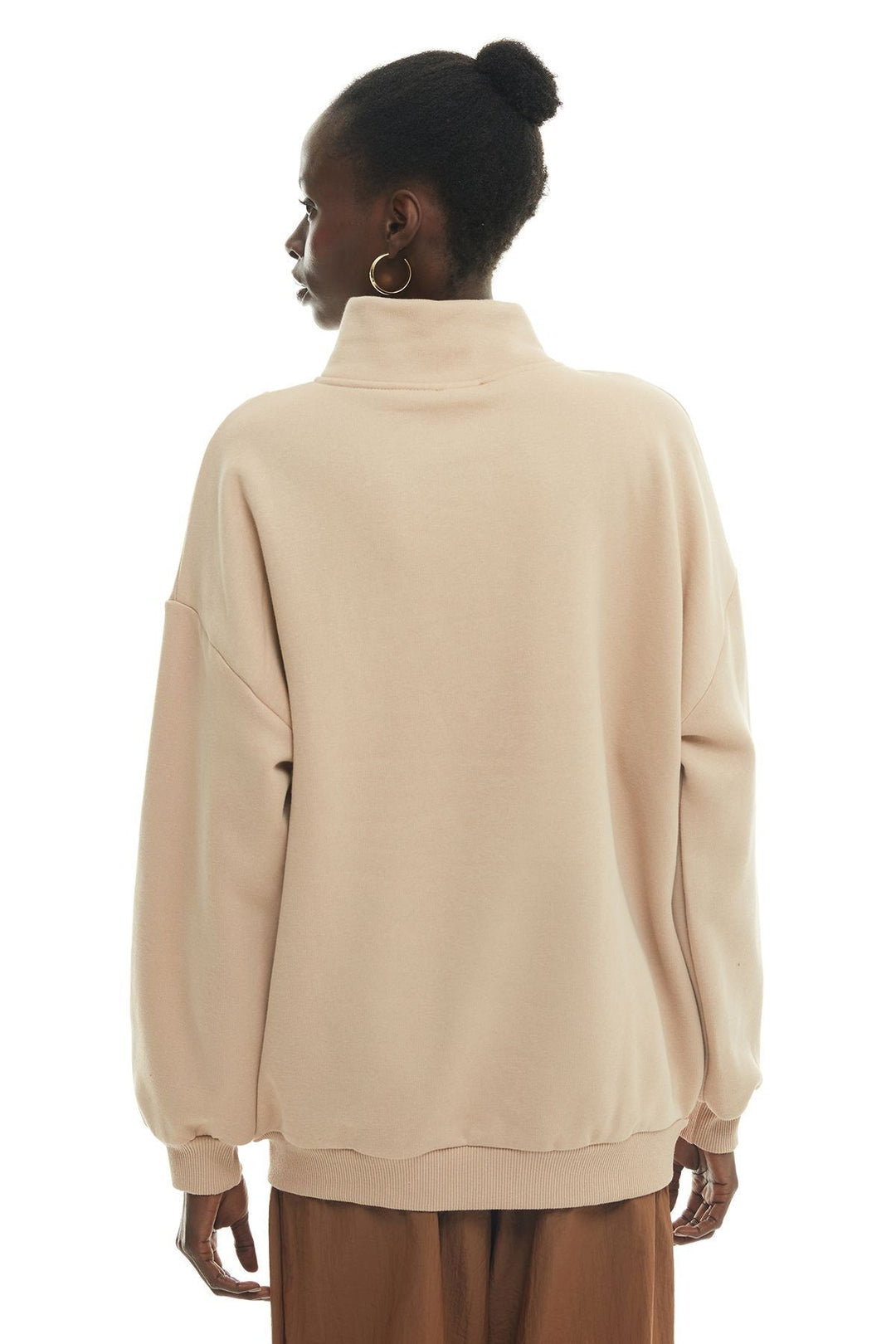 Zippered Turtleneck Sweatshirt Beige
