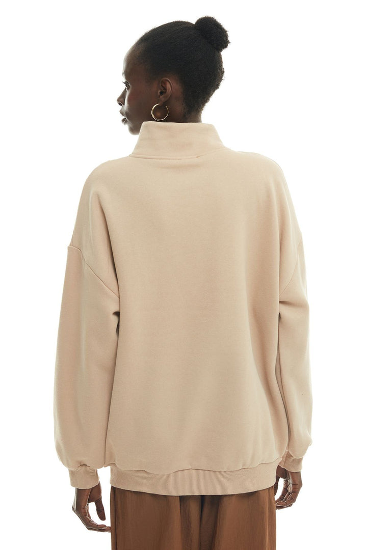 Zippered Turtleneck Sweatshirt Beige