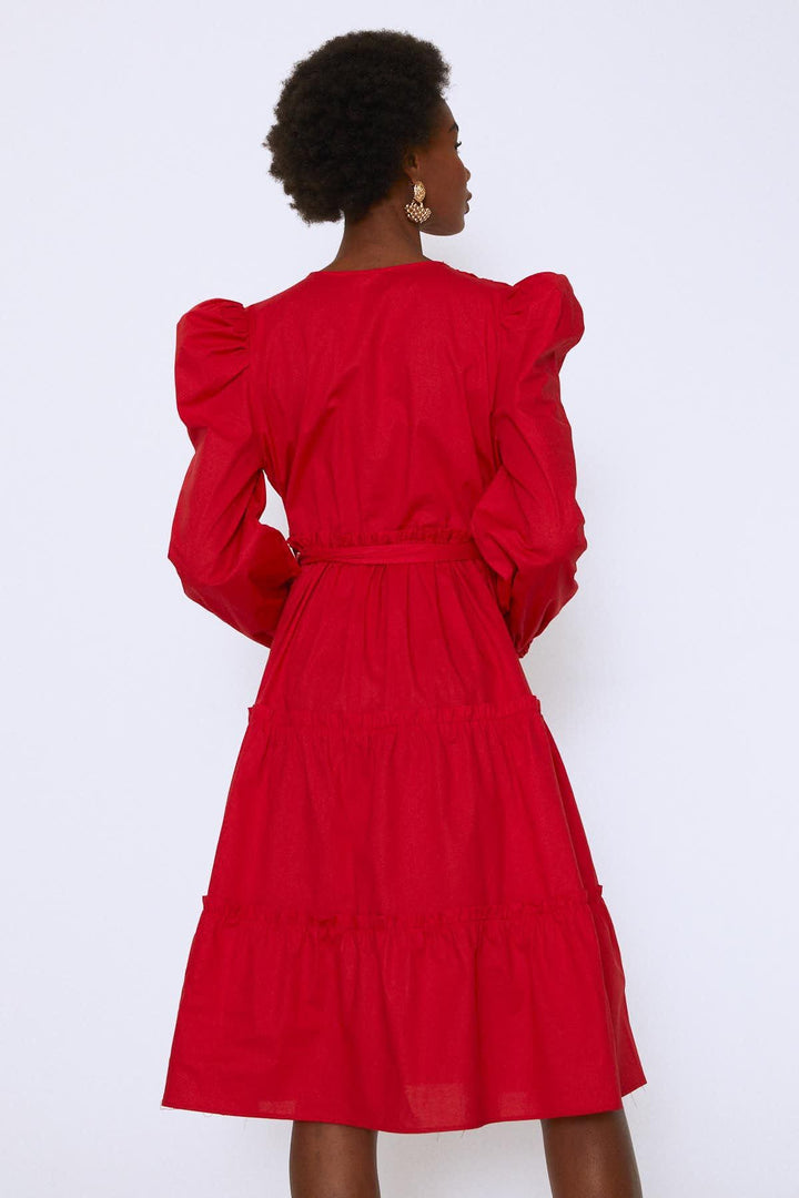 Kolları Vatkalı Kuşaklı Elbise Kırmızı