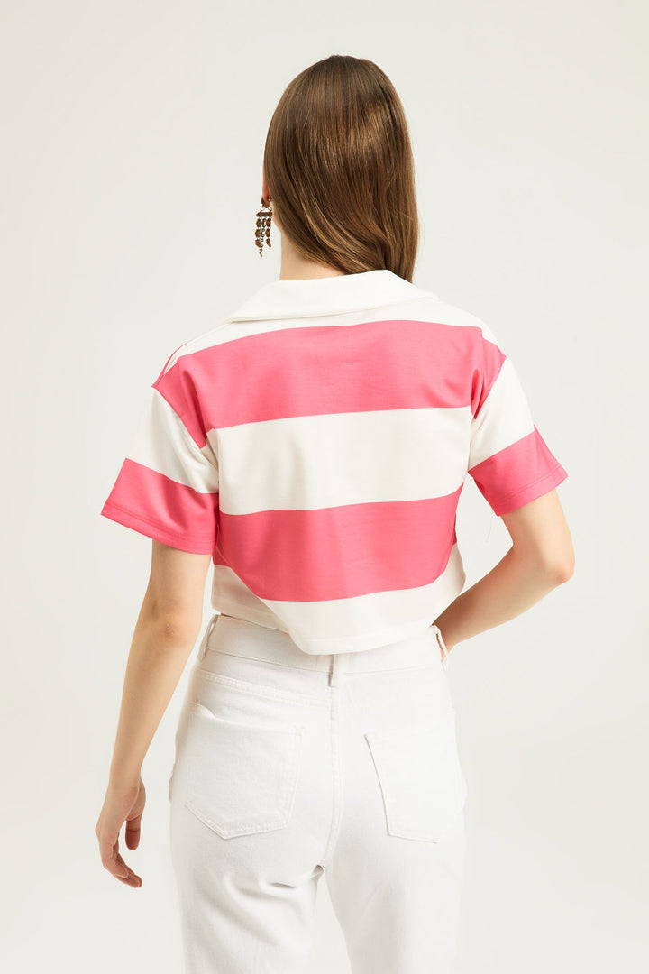 Polo Neck Striped Crop Blouse Candy Pink