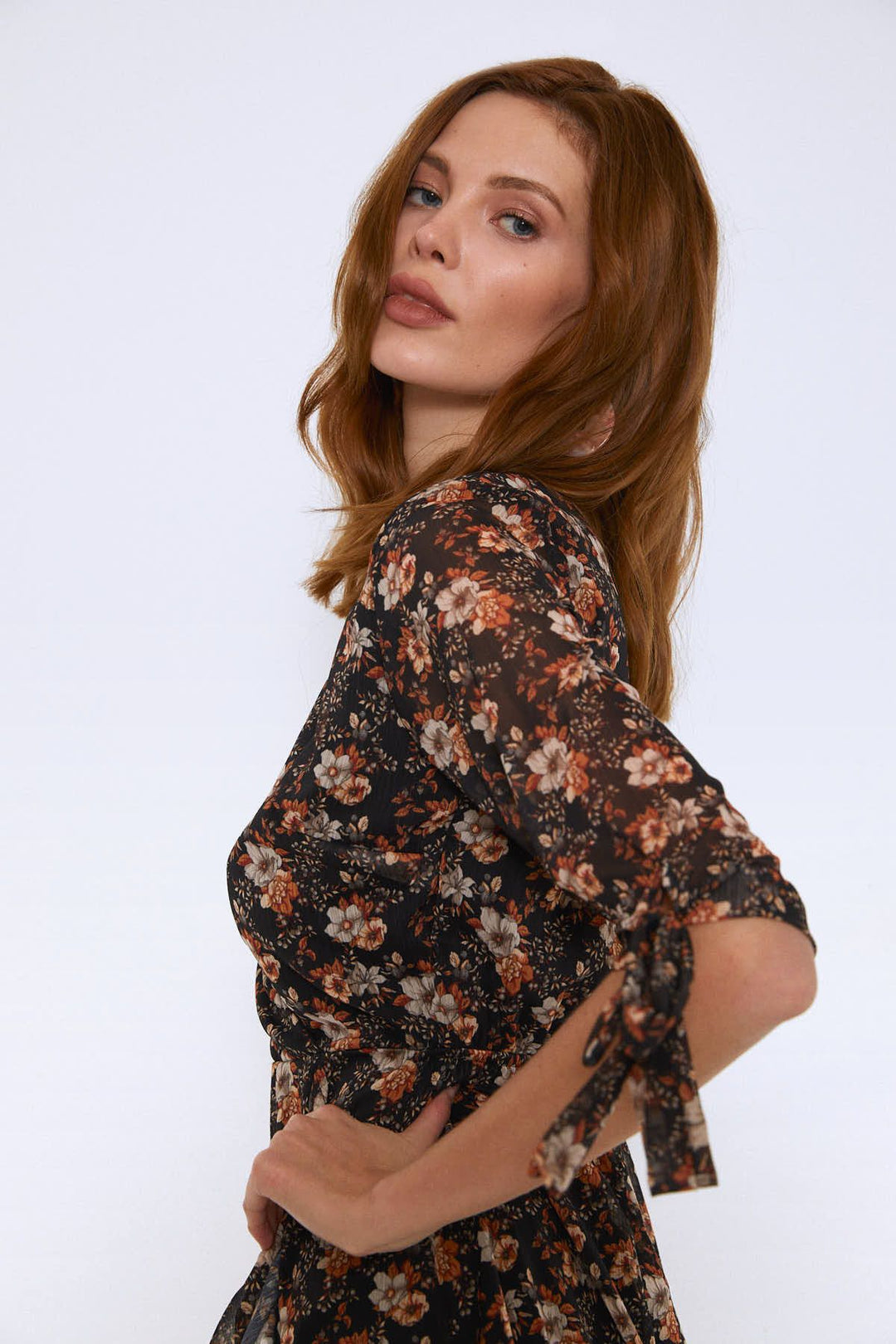 Floral Pattern V Neck Frilly Mini Dress Orange