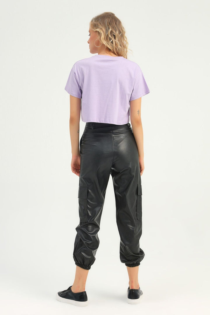 Kargo Cepli Deri Jogger Pantolon Siyah