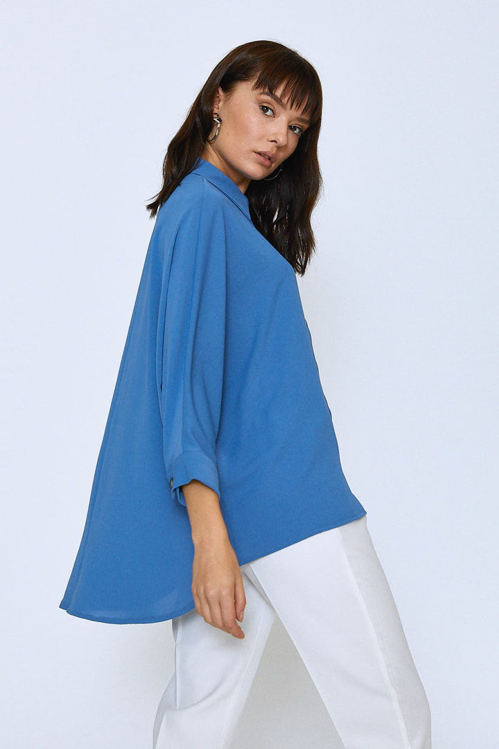 Uzun Oversize Cepli Gömlek İndigo