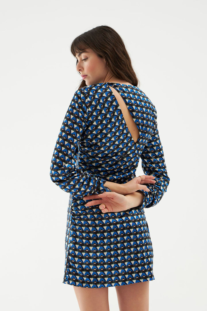 Waistband Pleated Mini Dress Blue