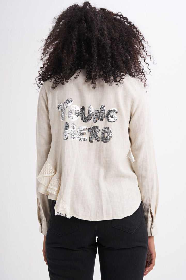 Back Embroidered Ruffle Linen Shirt Natural