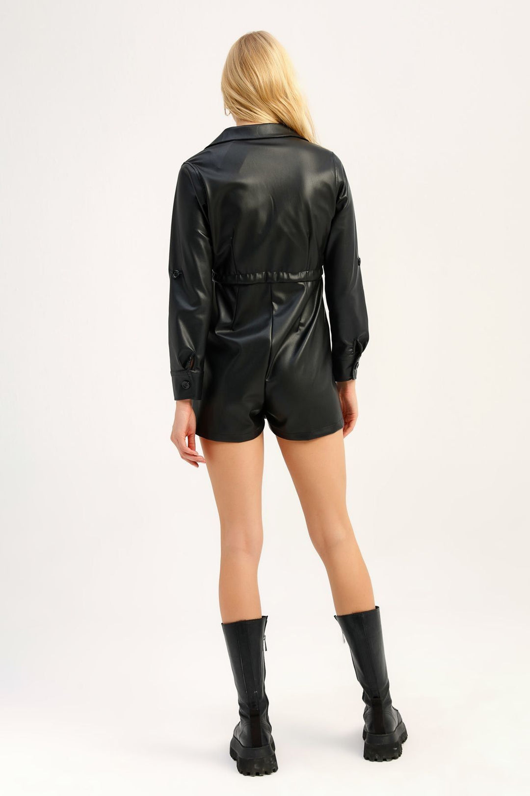 Düğmeli Deri Mini Tulum Siyah