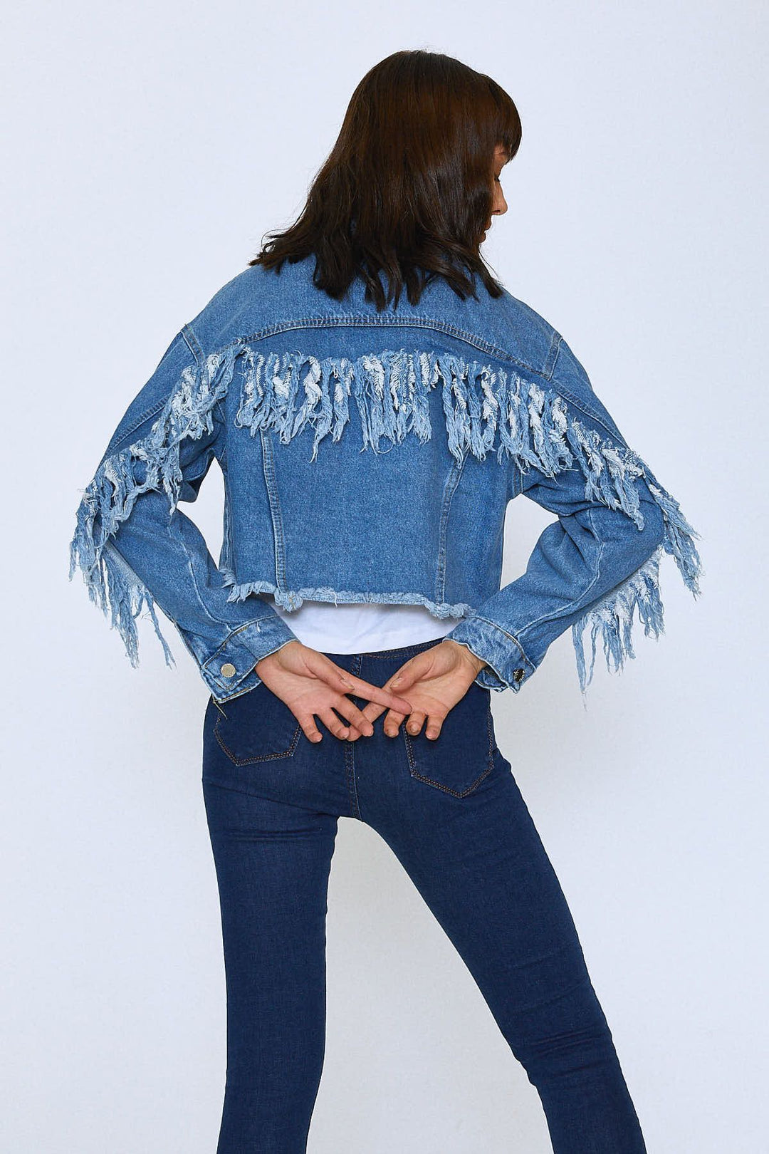 Tassel Detailed Denim Jacket on Sleeves Light Blue