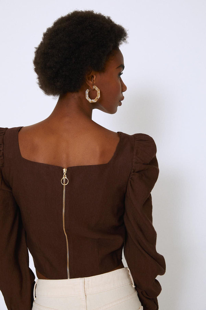 Watermelon Sleeve Square Collar Blouse Dark Brown