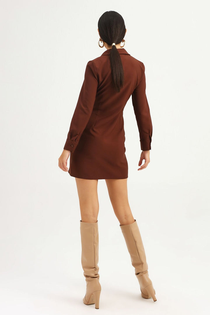 Shirred Detailed Buttoned Dress Dark Brown