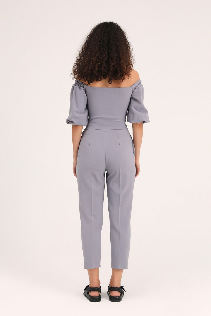 Zincir Aksesuarlı Yüksel Bel Pantolon Gri