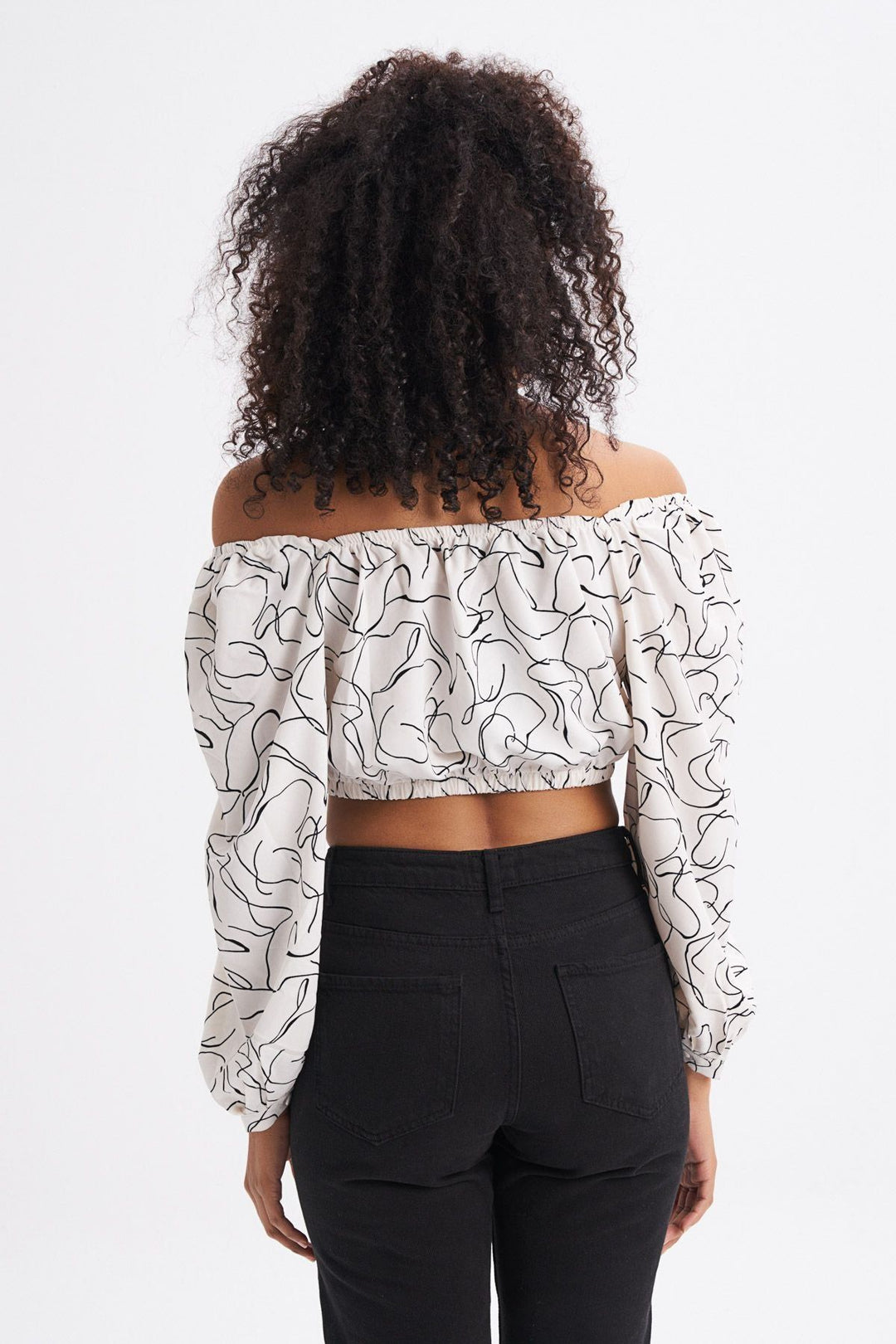 Patterned Tie Back Crop Blouse Ecru