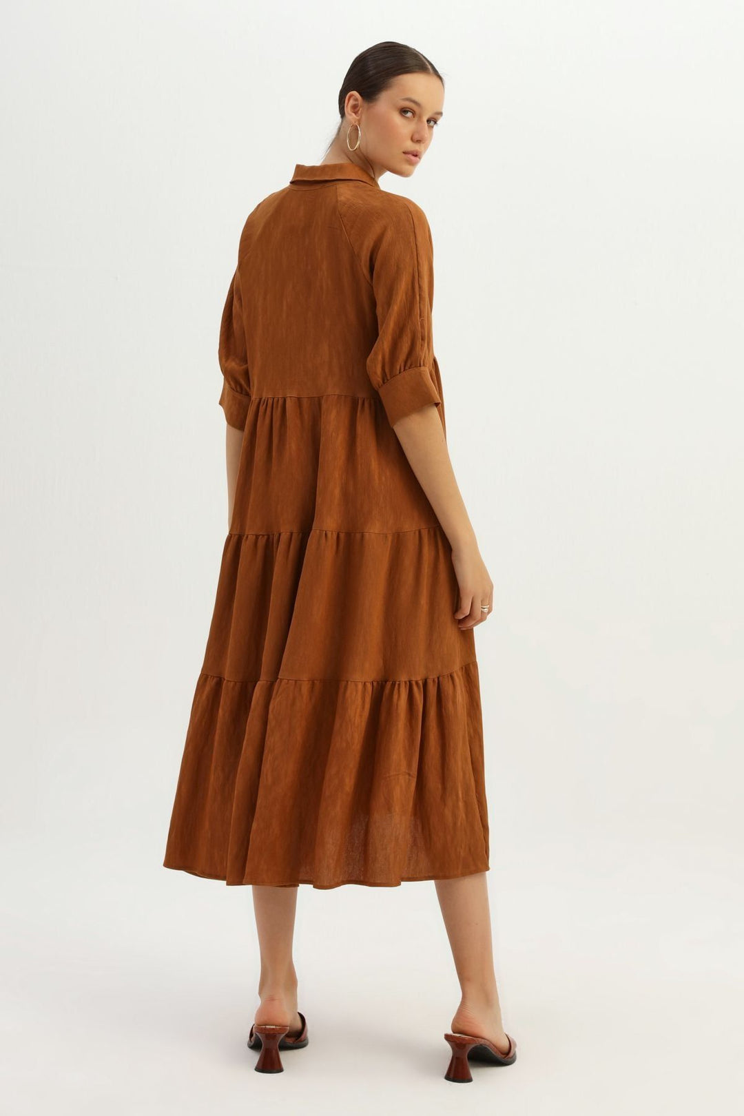 Shirt Collar Raglan Sleeve Dress Brown