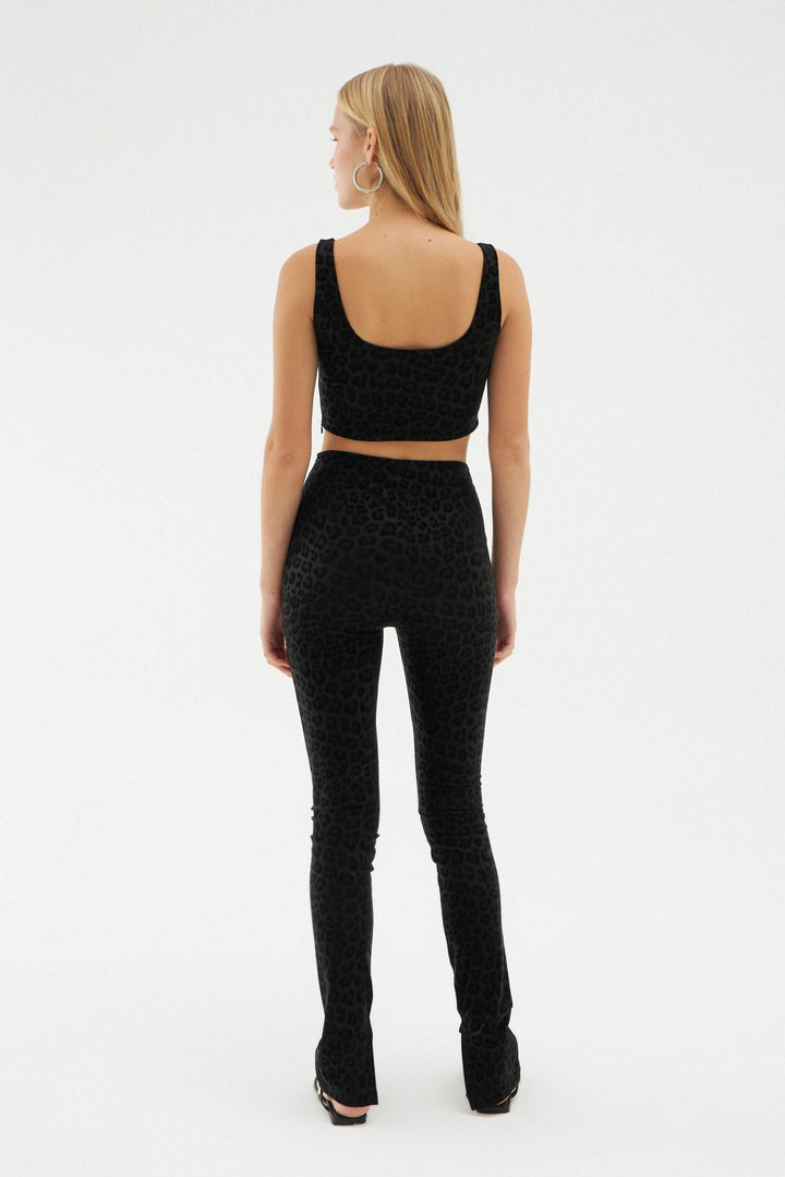 Patterned Leather Leg Slit Leggings Black