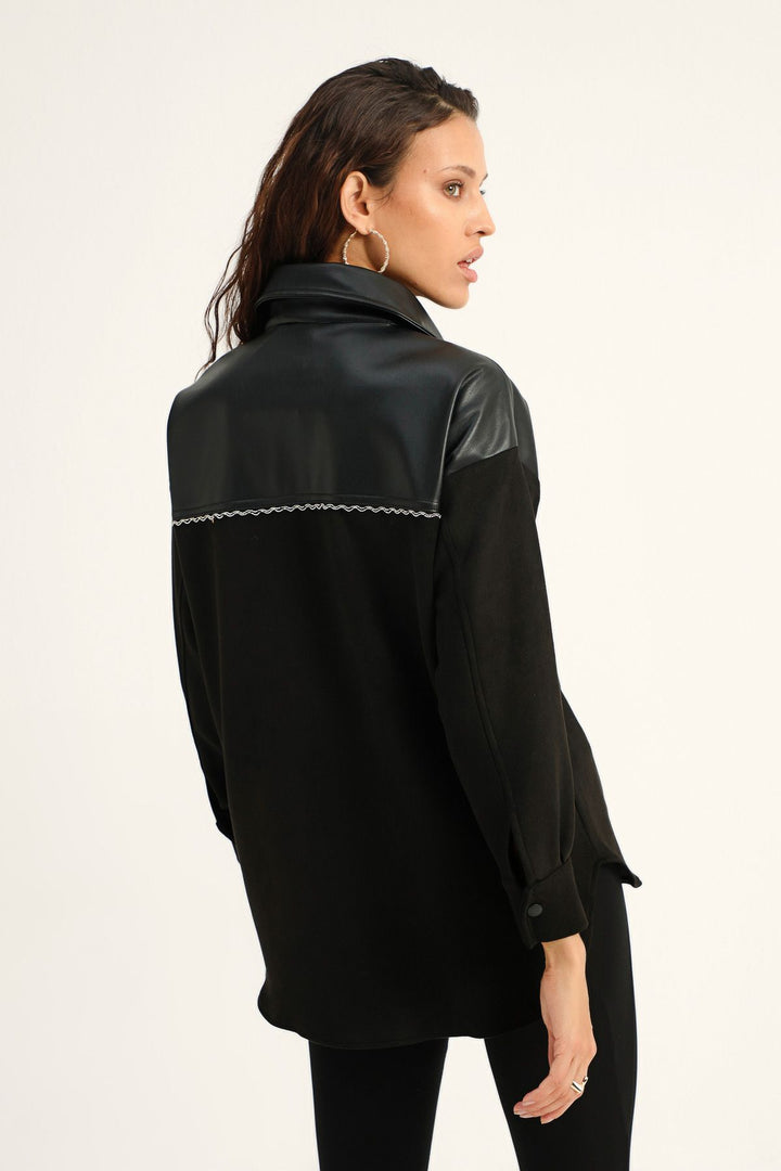Zincir Detaylı Deri Garnili Gömlek Siyah