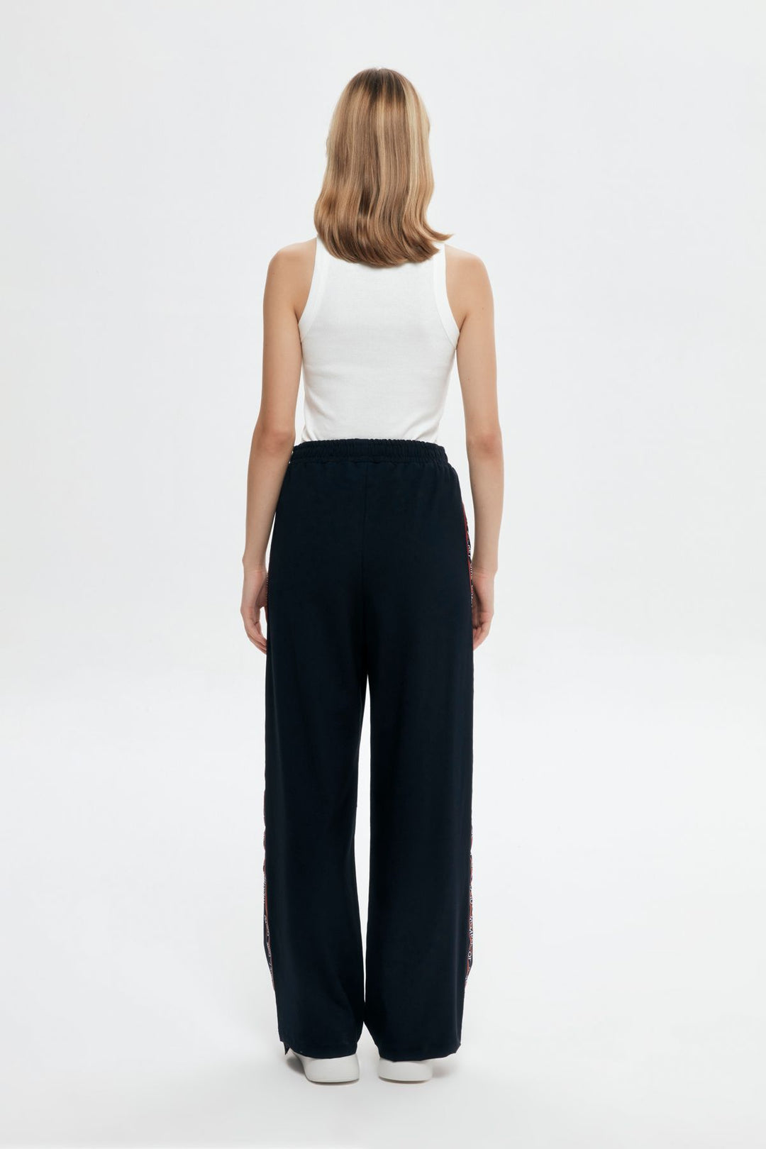 Şerit Detaylı Yüksek Bel Pantolon Lacivert