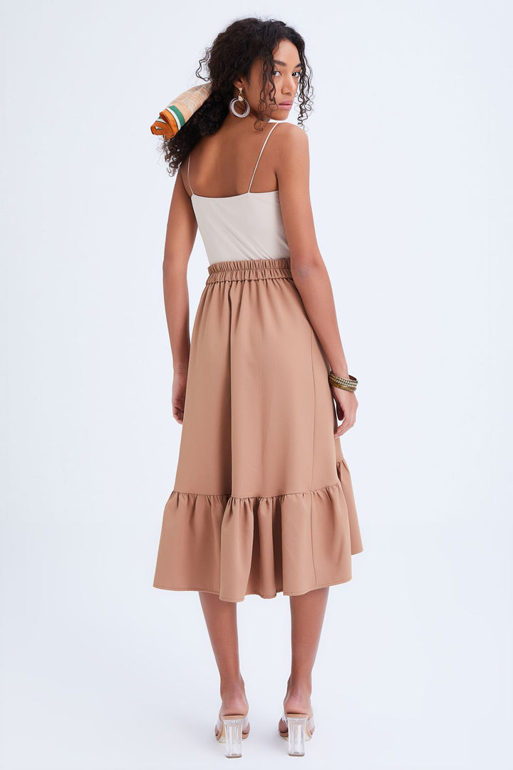 Button Detailed Frilly Skirt Camel