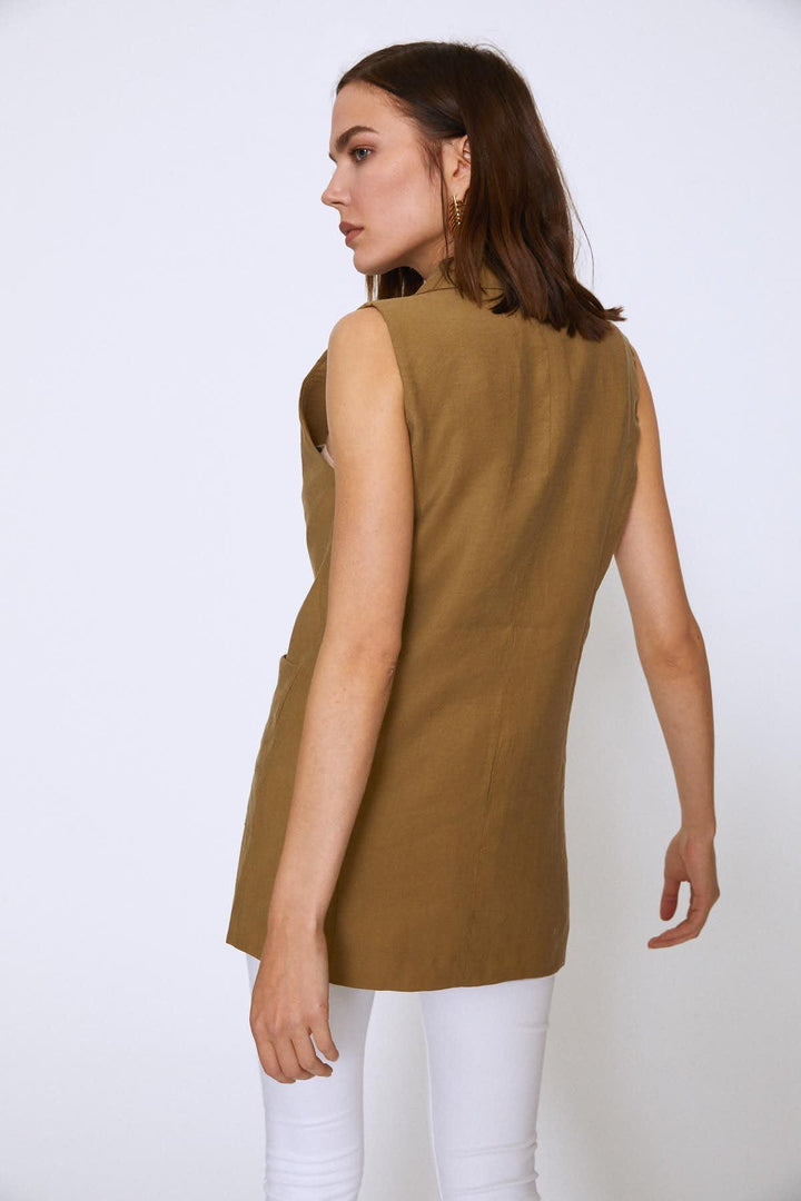 Double Breasted Pocket Sleeveless Jacket Khaki