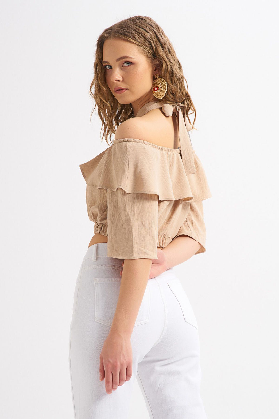 Halter Neck Detailed Flounce Blouse Stone