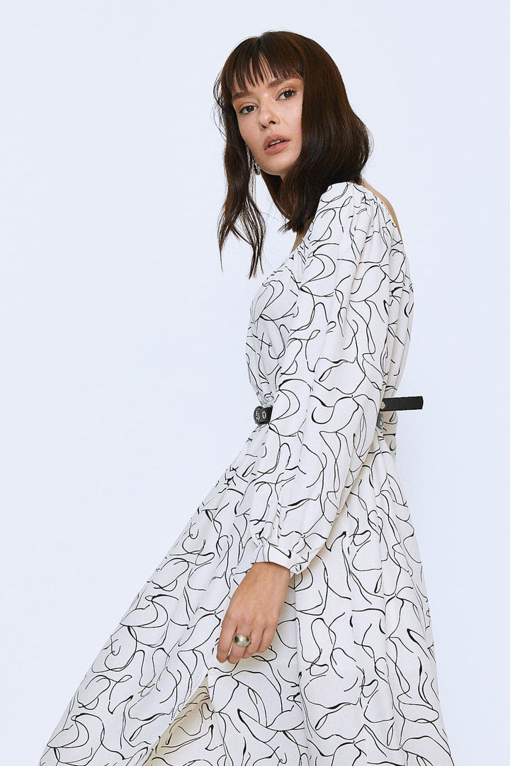 Patterned Belt Detailed Midi Dress Ecru