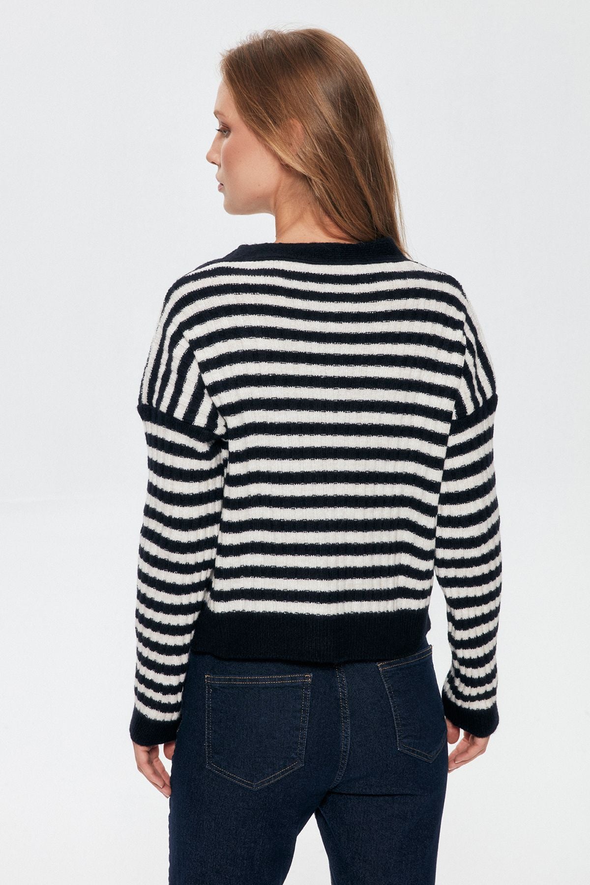 Button Detailed Striped Cardigan Navy Blue