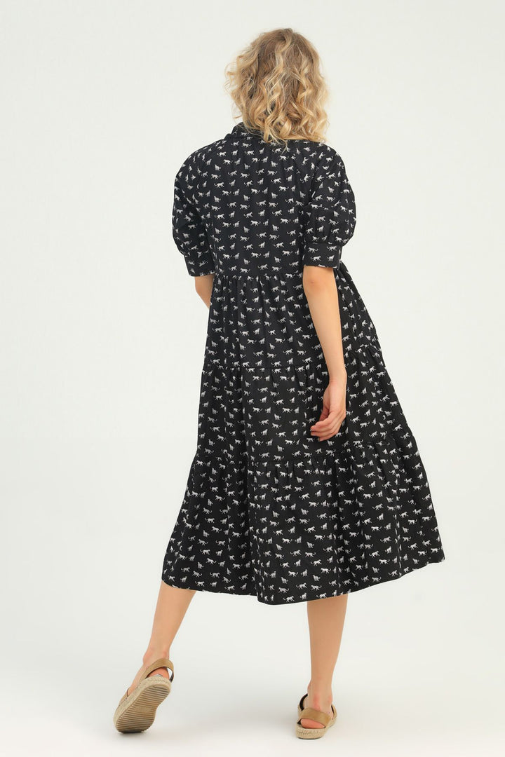 Patterned Shirt Collar Dress Black