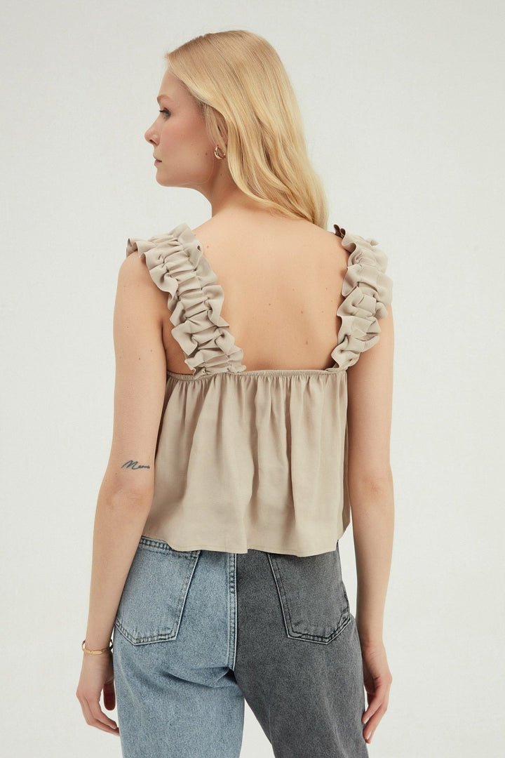 Fırfır Askılı Crop Bluz Bej