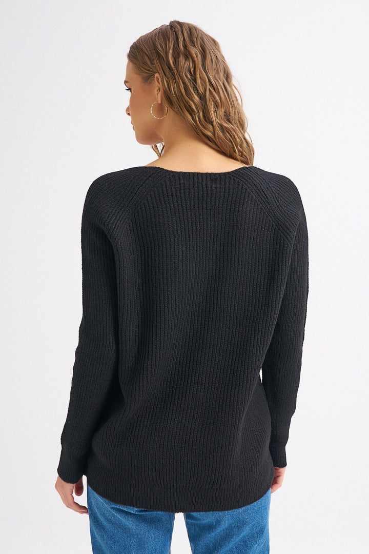 V Neck Long Sweater Black