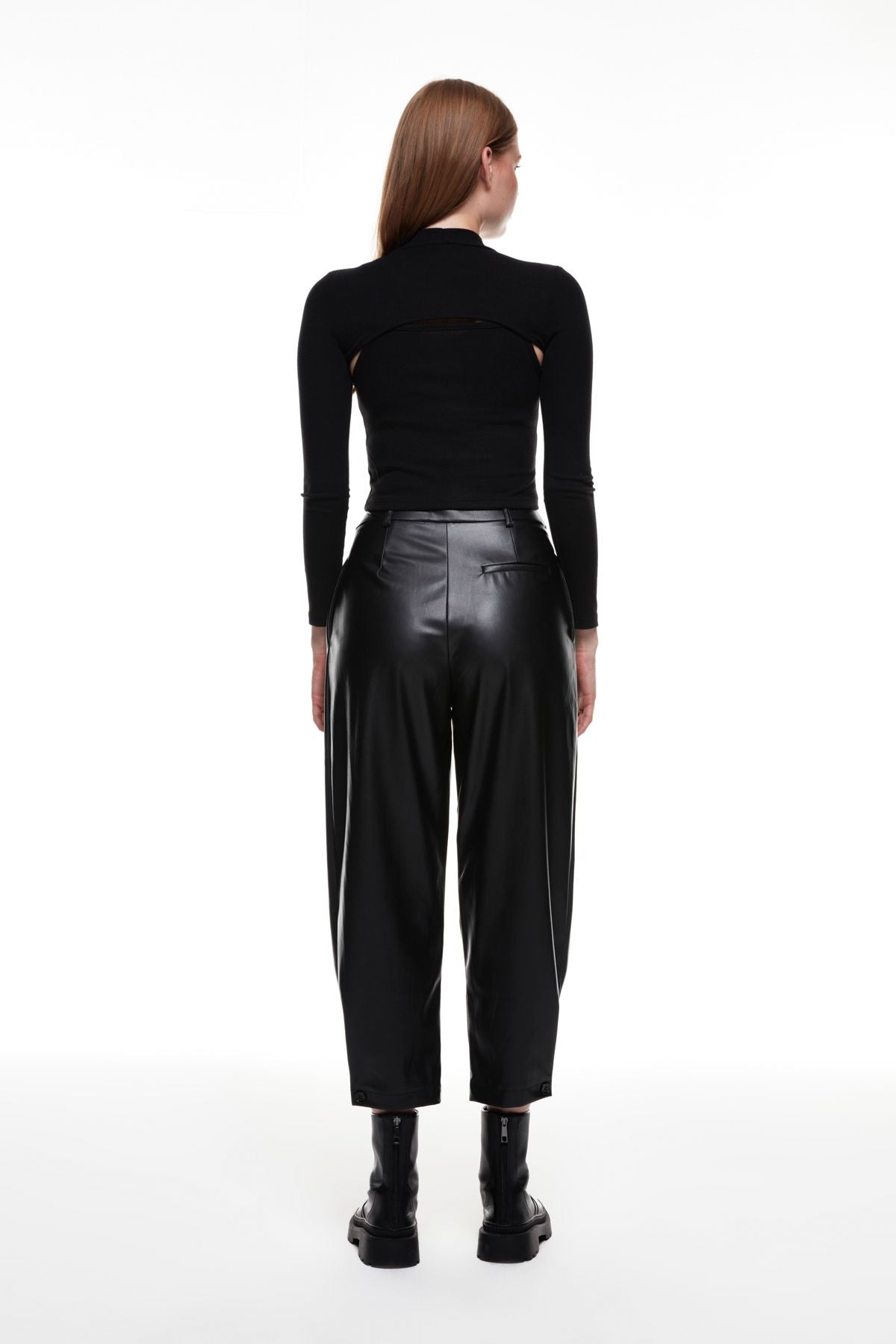 Button Detailed High Waist Leather Trousers Black