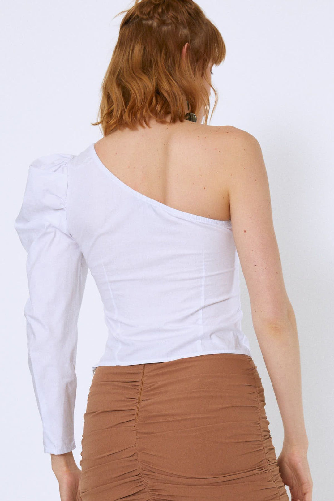 Tek Omuz Crop Bluz Ekru