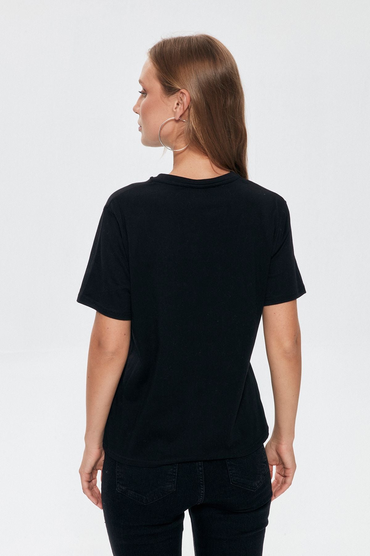 Printed Detailed Short Sleeve T-Shirt Black