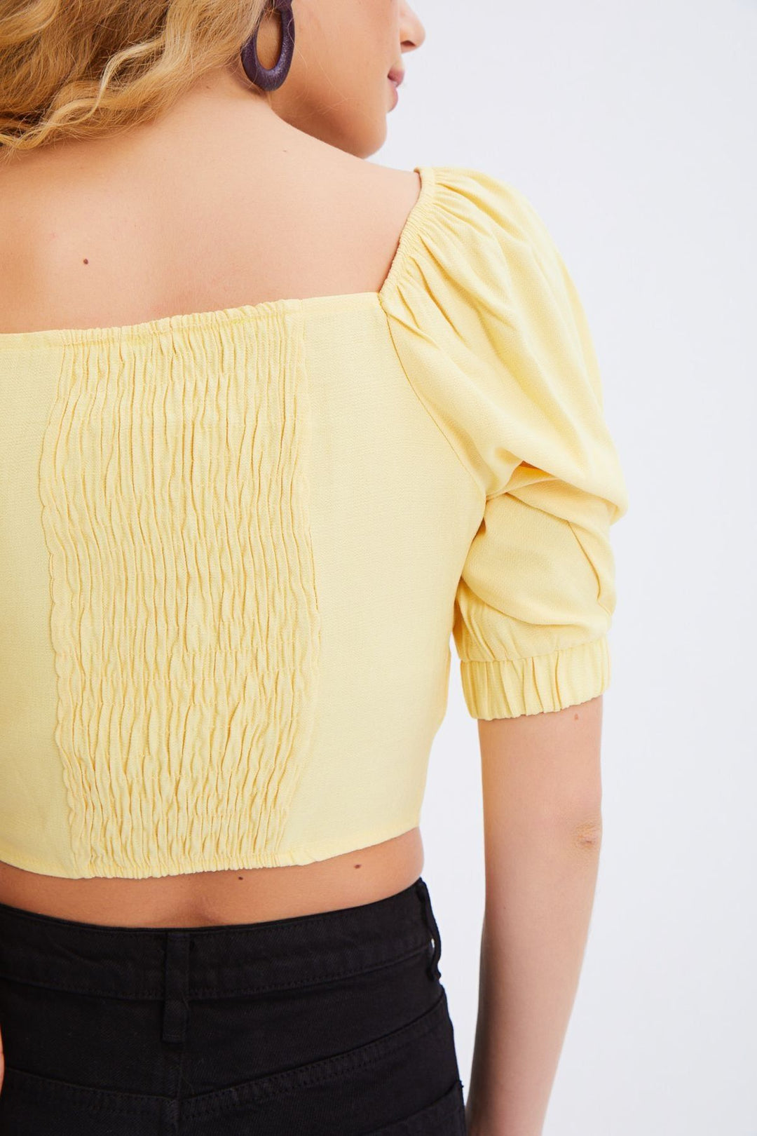 Balloon Sleeve Gipe Detailed Blouse Yellow