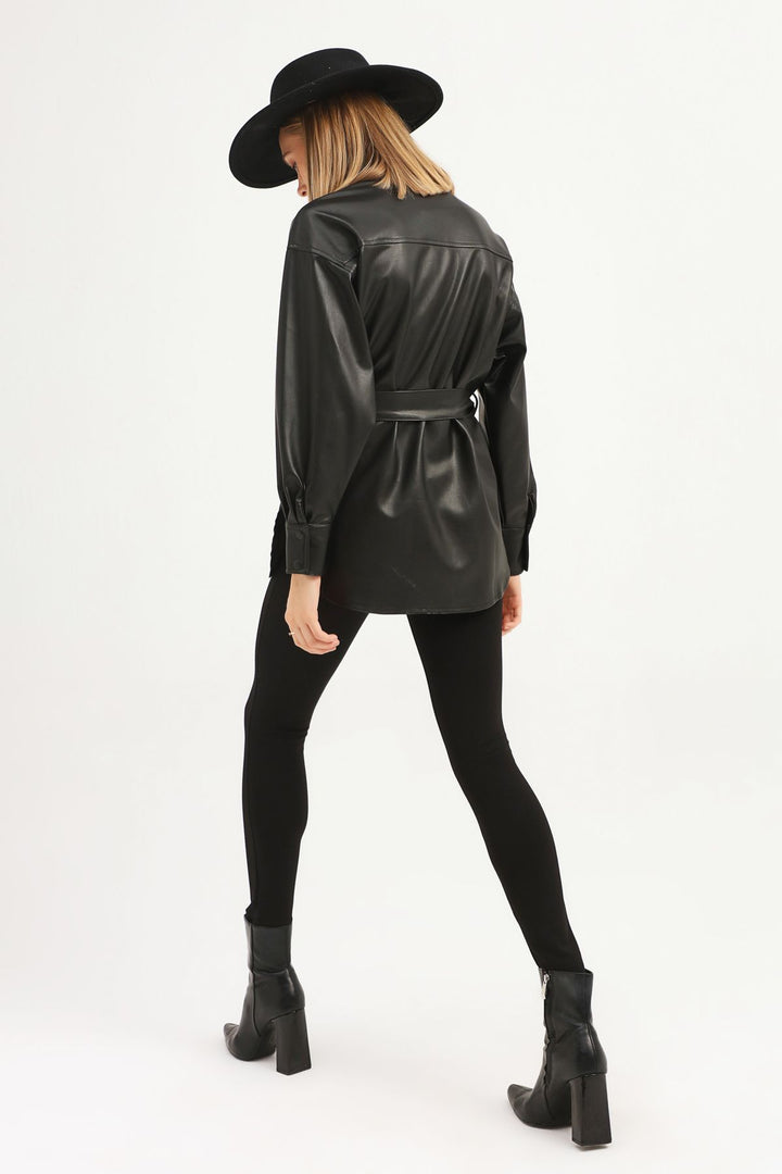 Kemerli Cepli Deri Gömlek Siyah