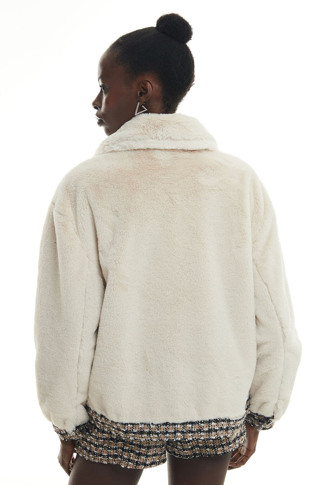 Tweed Detailed Pocket Plush Coat Beige