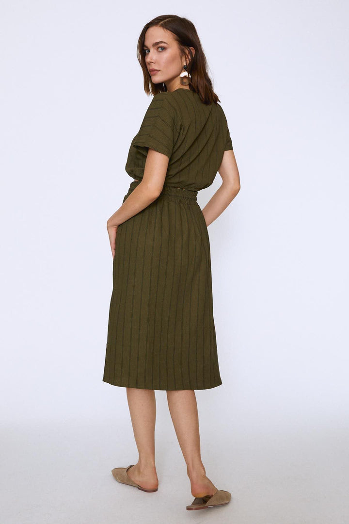 Striped Elastic Waist Midi Skirt Khaki