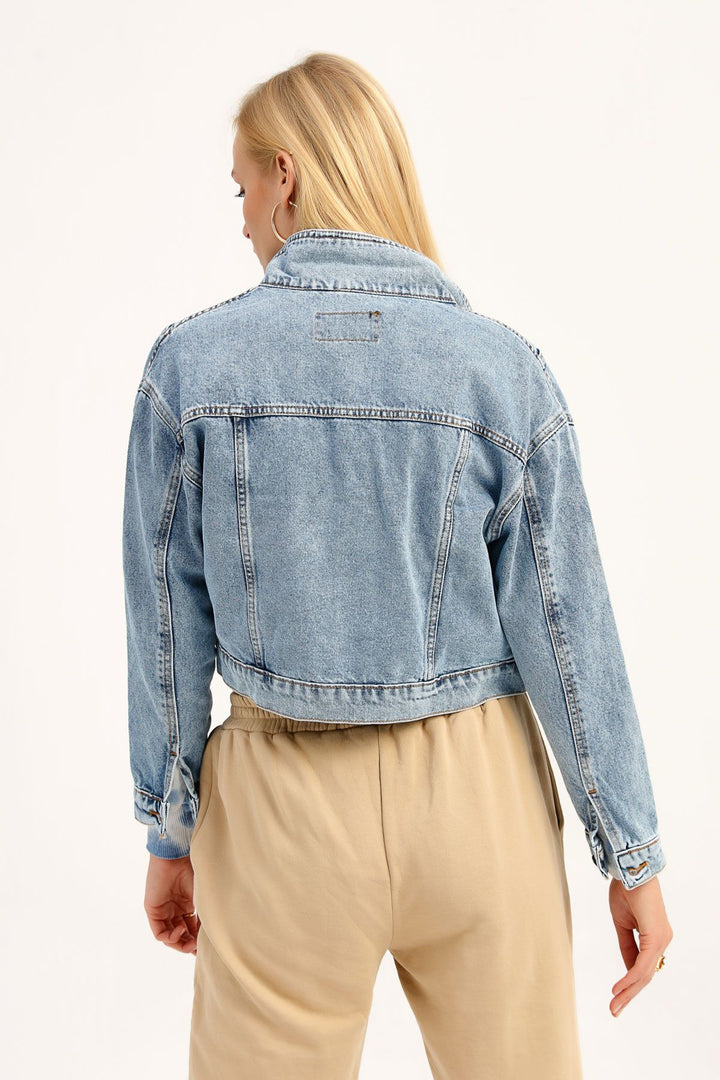 İki Cepli Crop Ceket Açık Mavi