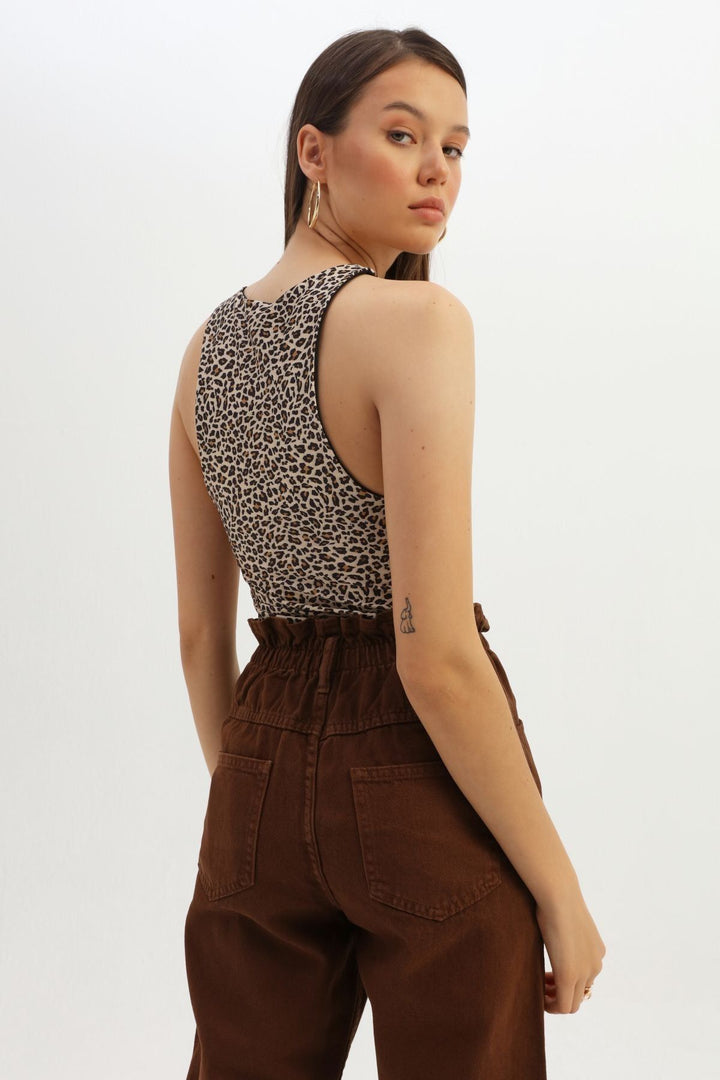 Leopard Pattern Halter Neck Bodysuit Brown