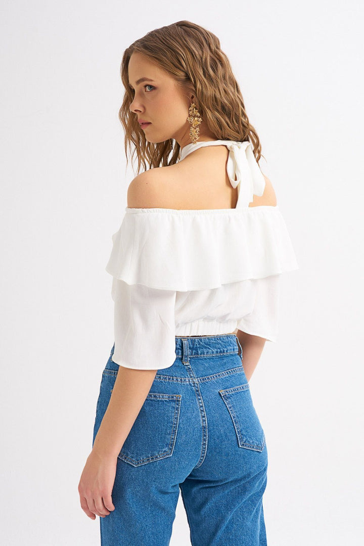 Halter Neck Detailed Flounce Blouse White