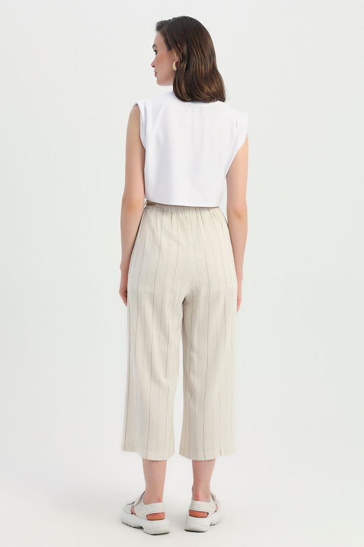 Striped Straw Rope Belt Linen Trousers Brown