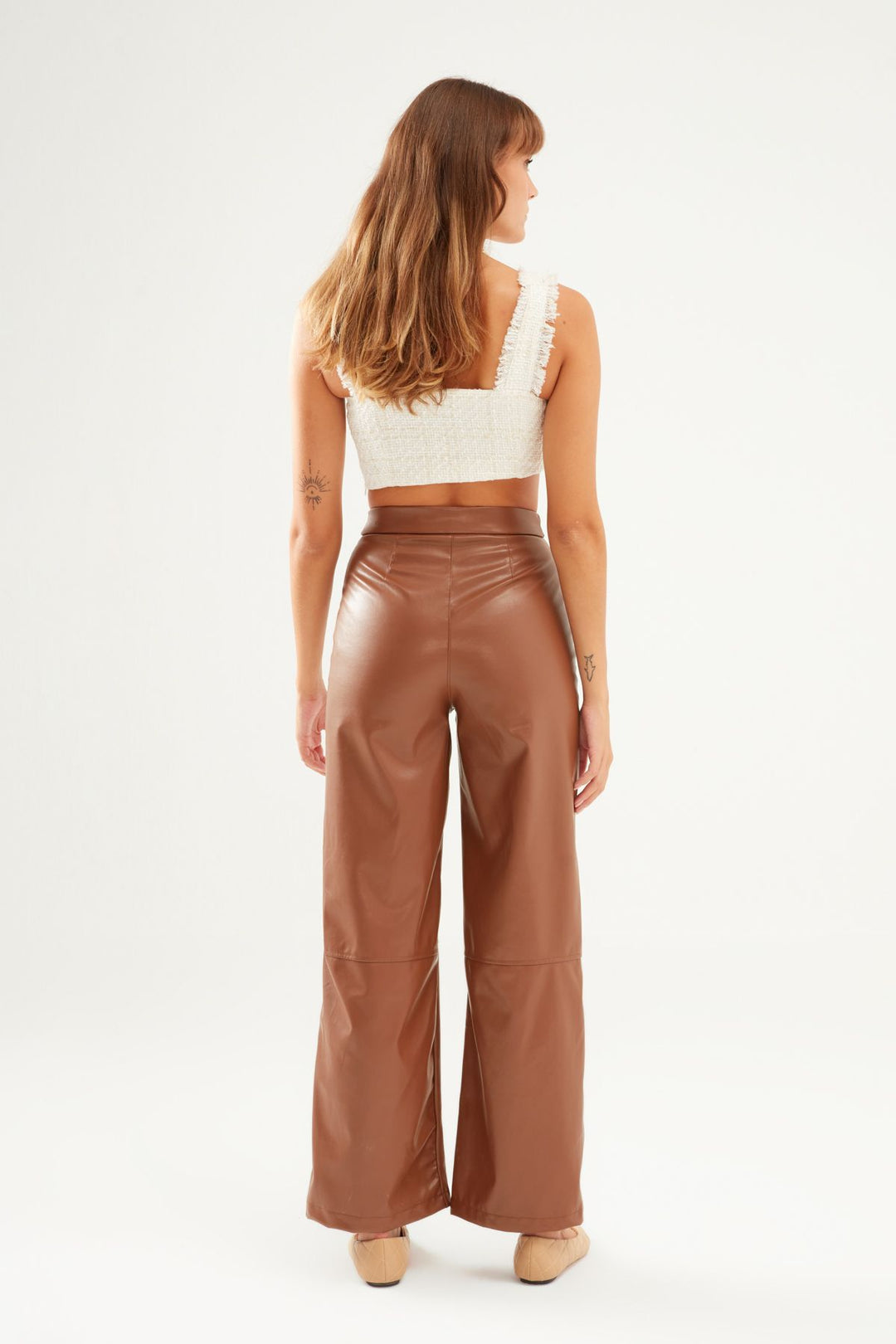 Geniş Paça Deri Pantolon Camel