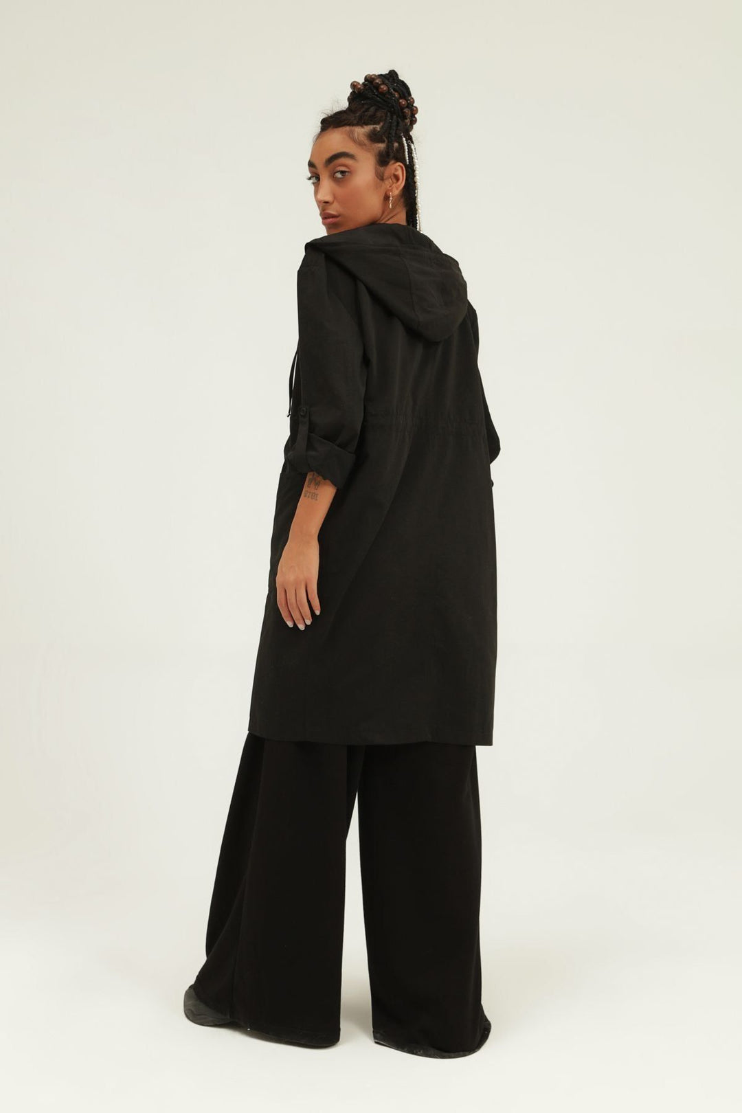 Pleated Waist Hooded Trench Coat Black