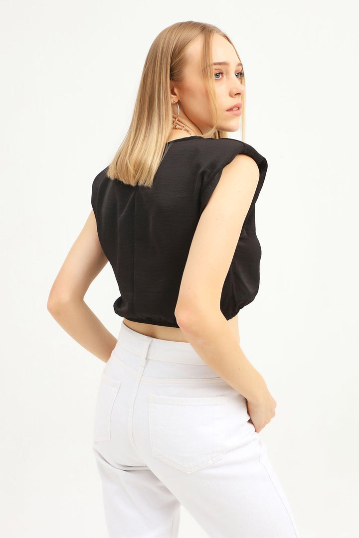 Waistband Crop Blouse Black