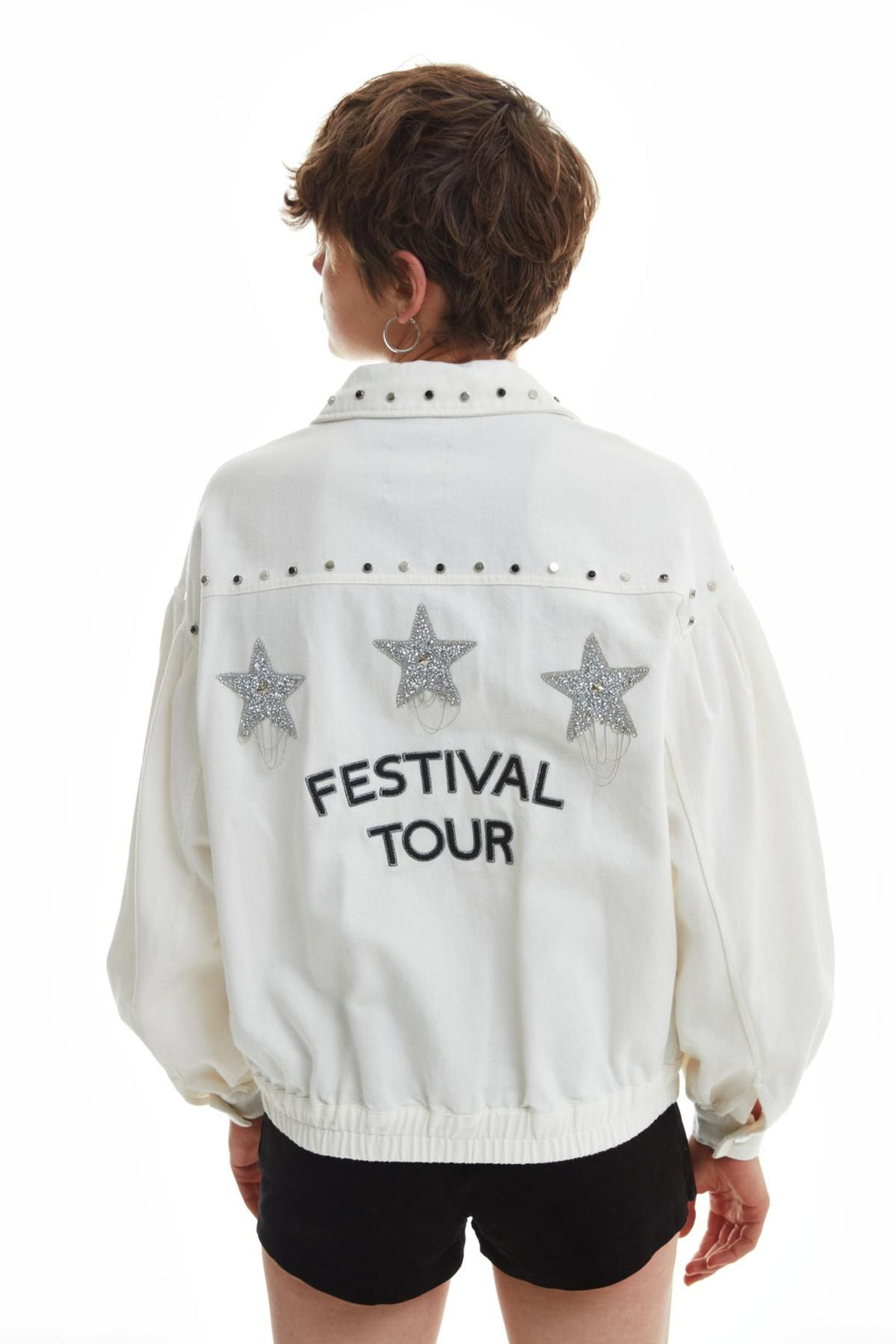 Back Stone Detailed Denim Jacket Ecru