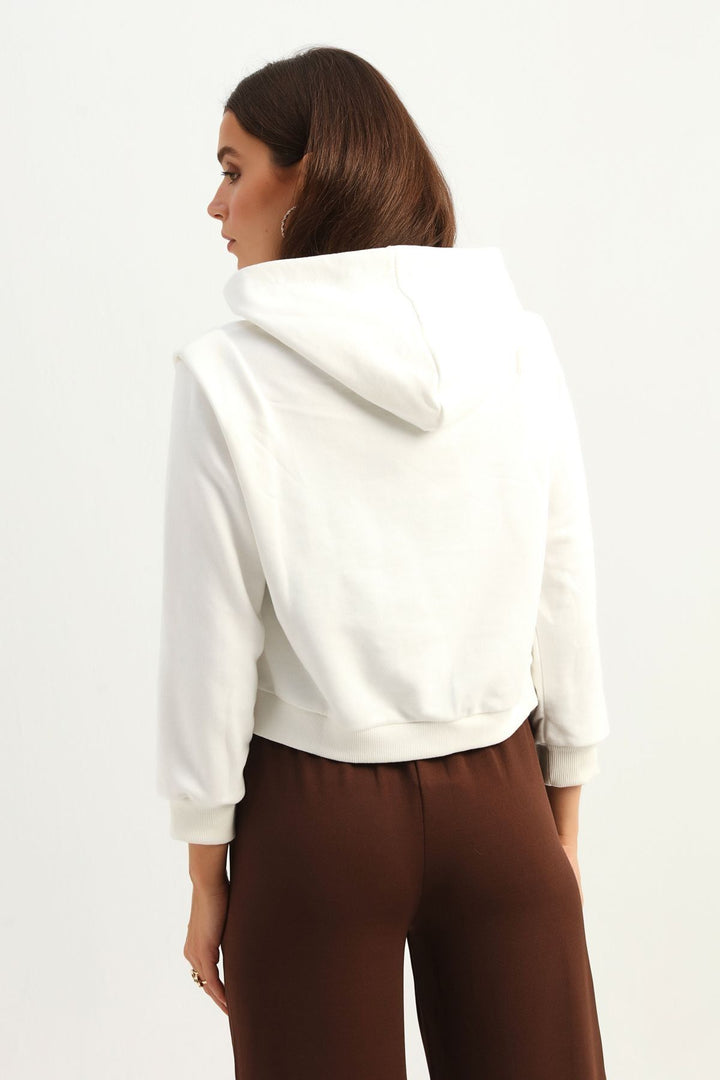 Kapüşonlu Kanguru Cepli Sweatshirt Ekru